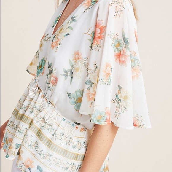 Anthropologie Farm Rio Hestia Floral Blouse Top Flutter Sleeve Crochet S Boho - Picture 3 of 12